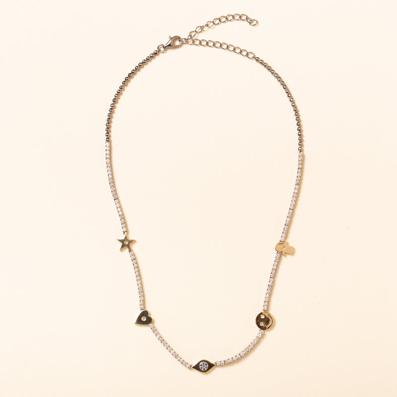 16in Silver and diamond necklace with gold hasma, star, heart, evil eye and smiley face charm