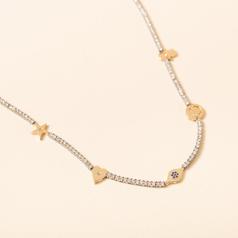 16in Silver and diamond necklace with gold hasma, star, heart, evil eye and smiley face charm