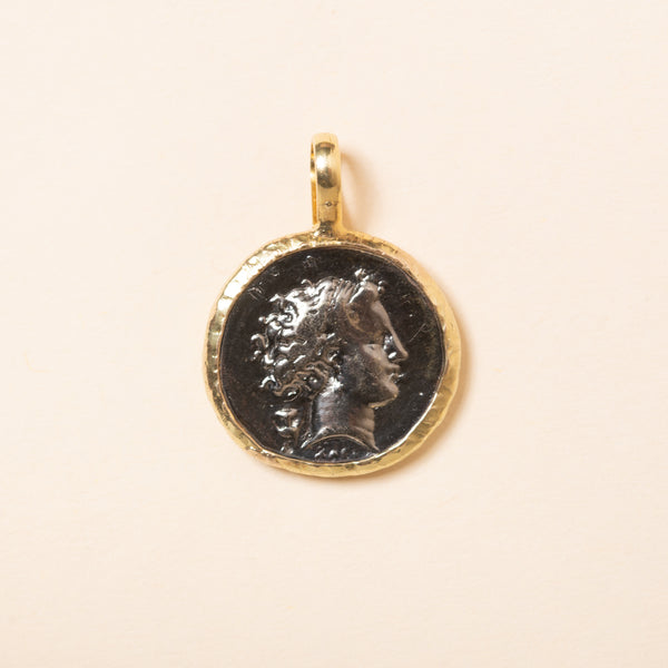 oxidized byzantine coin with gold wrap pendant 