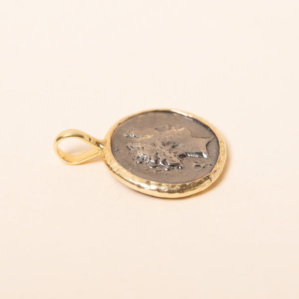 oxidized byzantine coin with gold wrap pendant 