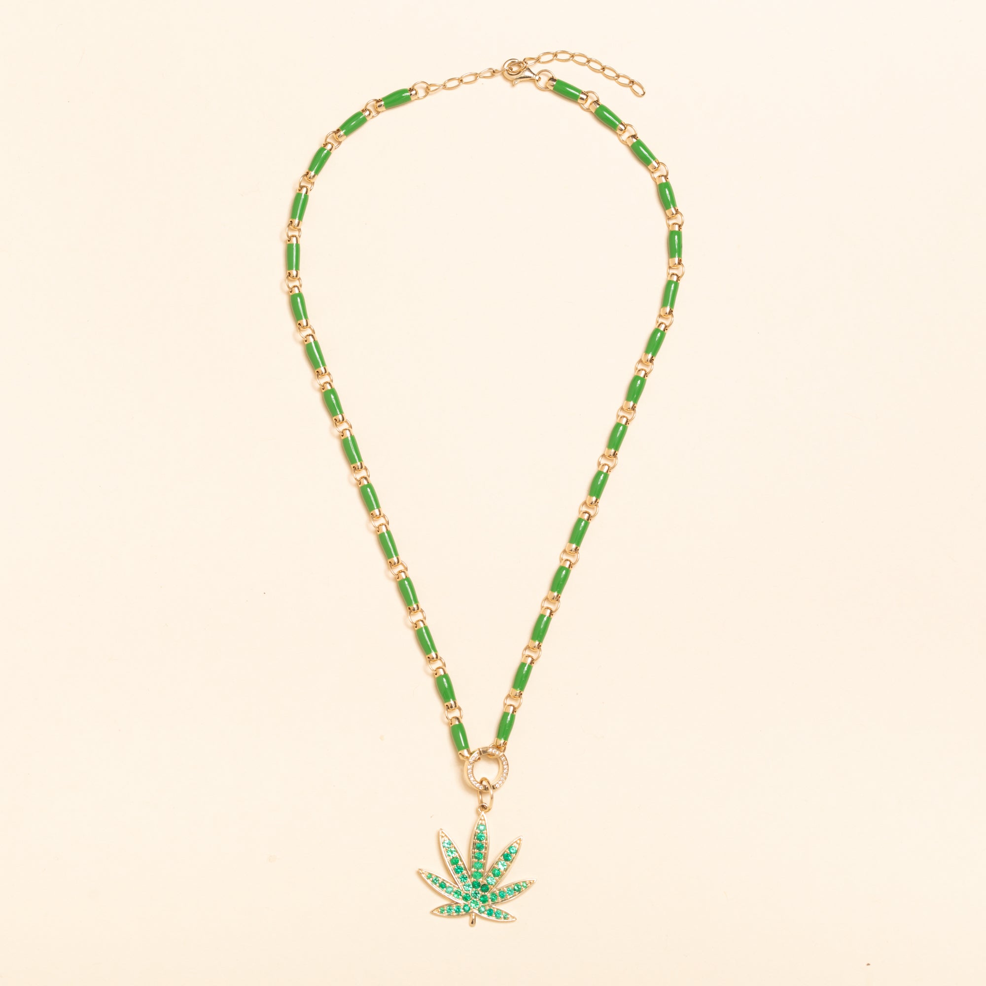 17in gold and green enamel link necklace with diamond connector