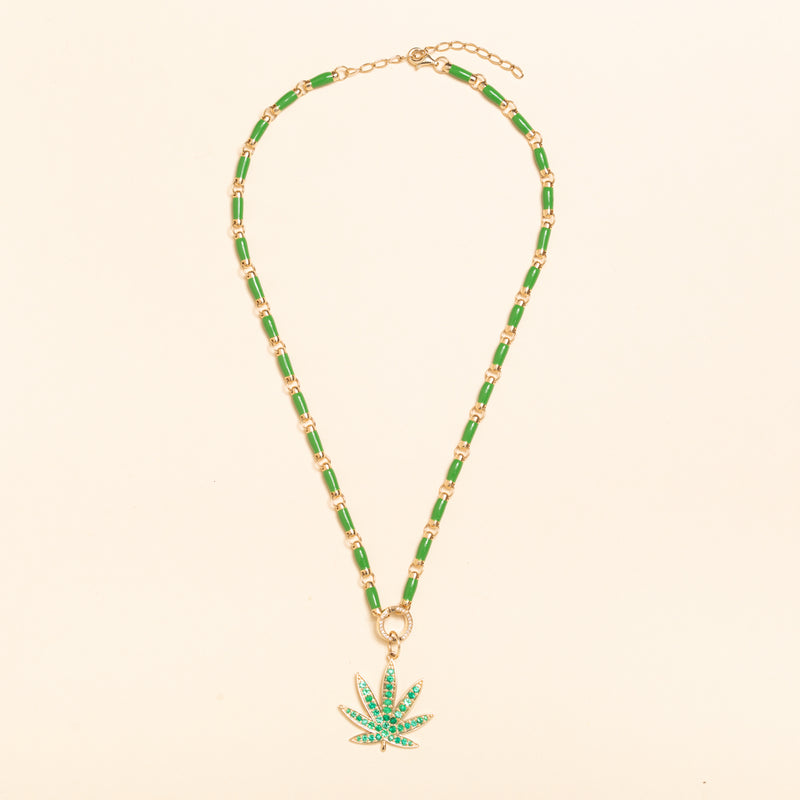 17in gold and green enamel link necklace with diamond connector