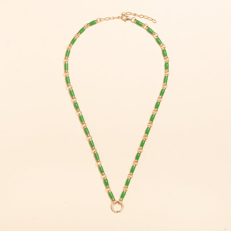 17in gold and green enamel link necklace with diamond connector