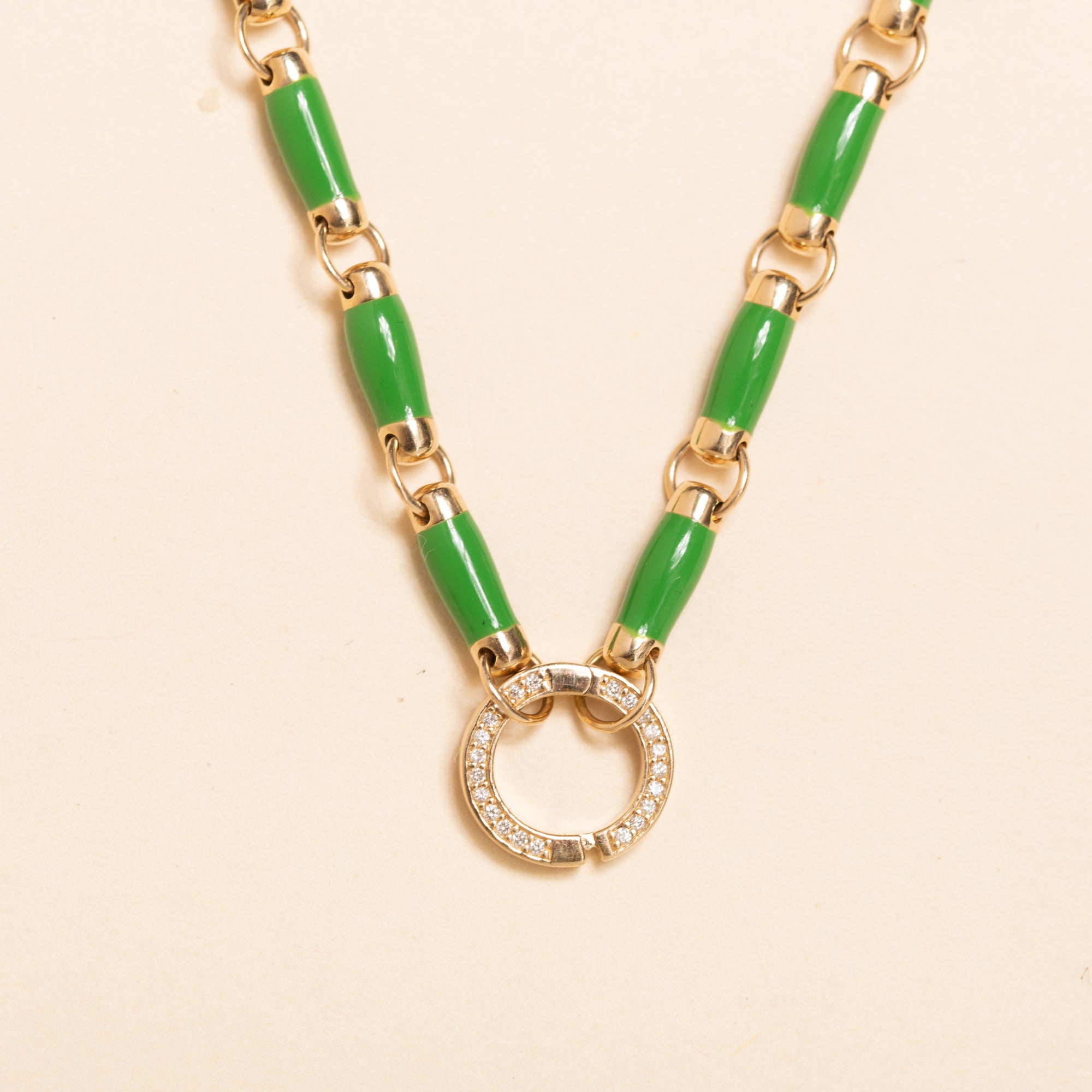 17in gold and green enamel link necklace with diamond connector