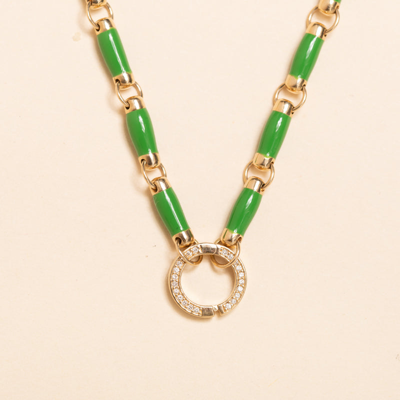 17in gold and green enamel link necklace with diamond connector