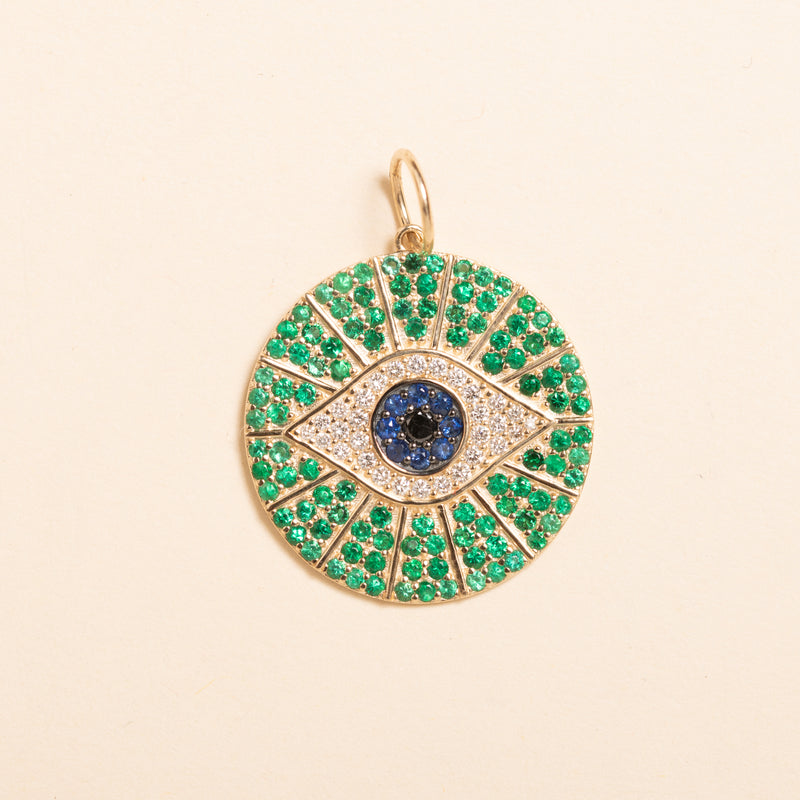 evil eye with emeralds, sapphires, and diamonds disc pendant 