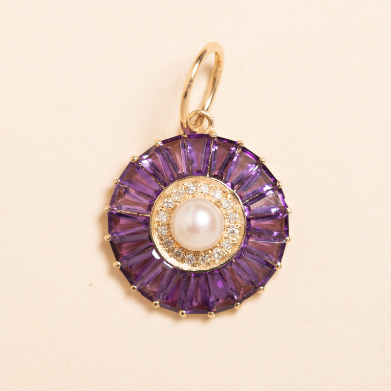 petite pearl and amethyst with diamonds and gold disc pendant 