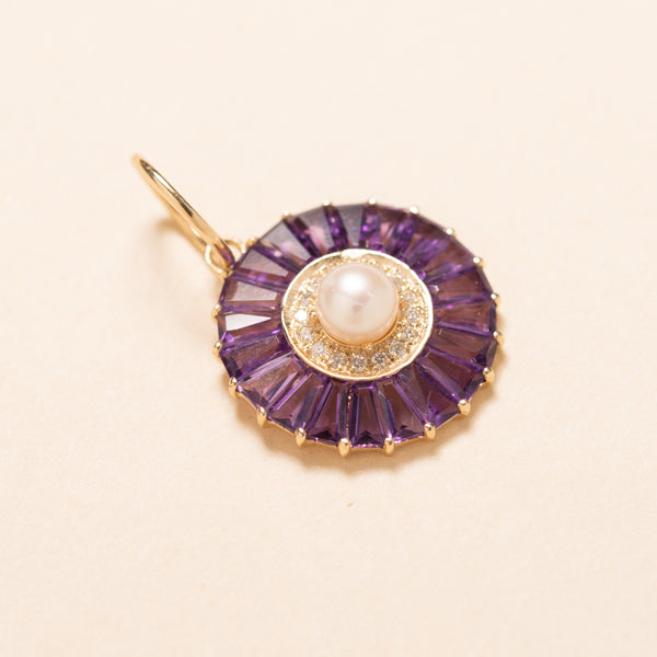 petite pearl and amethyst with diamonds and gold disc pendant 