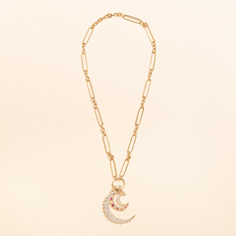 hollow elongated chain link necklace with diamond connector with pendants