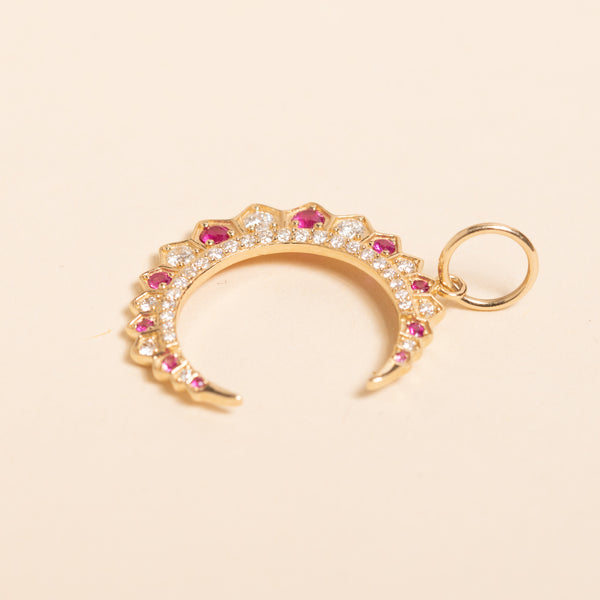 gold crescent moon with pink sapphires and diamonds pendant 