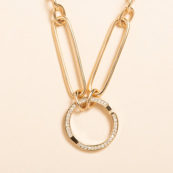 hollow elongated chain link necklace with diamond connector