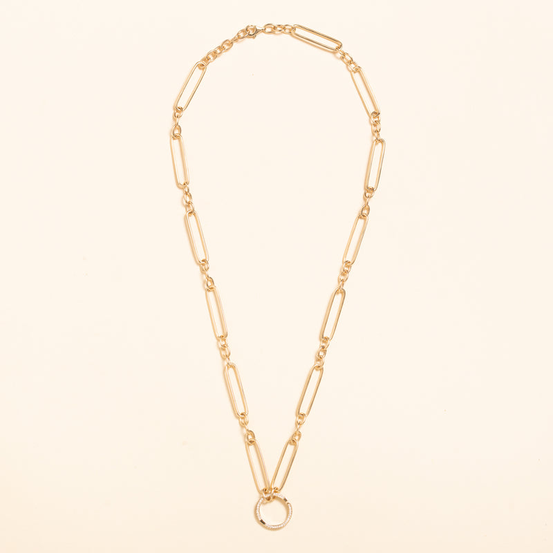 hollow elongated chain link necklace with diamond connector