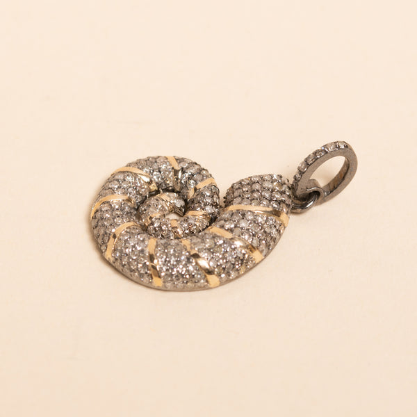gold and oxidized silver nautilus shell with diamonds pendant 
