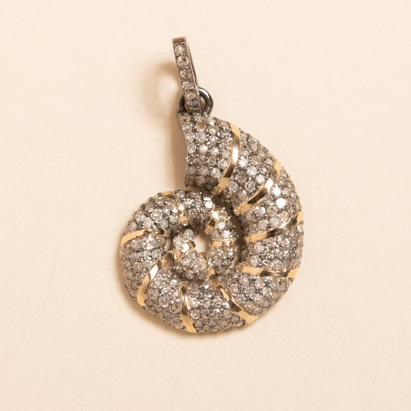 gold and oxidized silver nautilus shell with diamonds pendant 