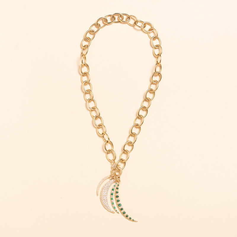 large gold moon with malachite and diamonds pendant 