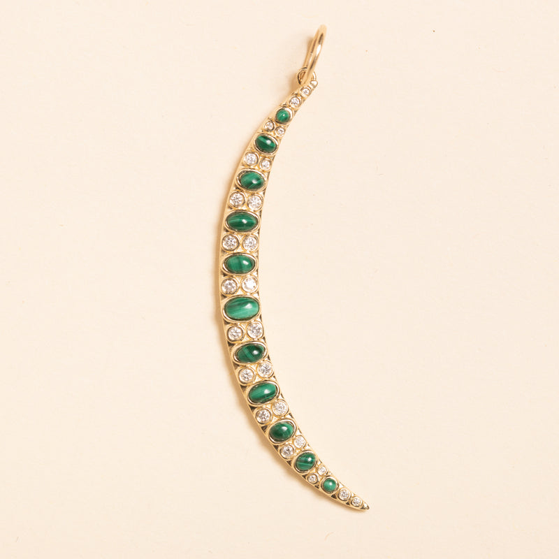 large gold moon with malachite and diamonds pendant 