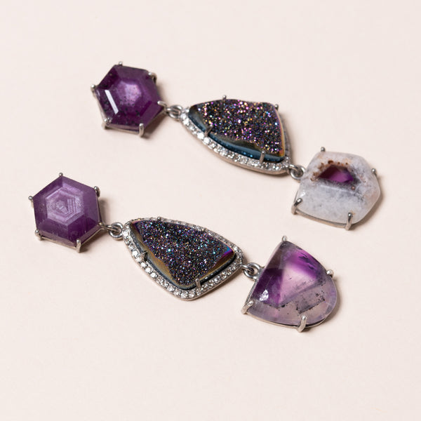 amethyst and russian rainbow pyrite diamond earrings
