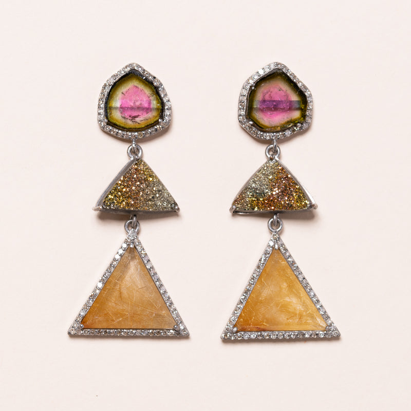 Watermelon Tourmaline and Russian Rainbow Pyrite Earrings
