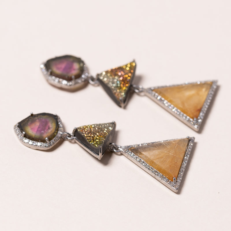 Watermelon Tourmaline and Russian Rainbow Pyrite Earrings