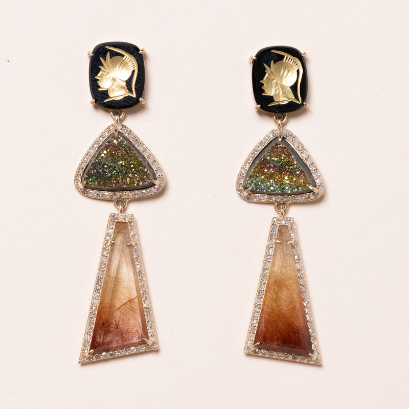 Carved Onyx and Russian Rainbow Pyrite Earrings