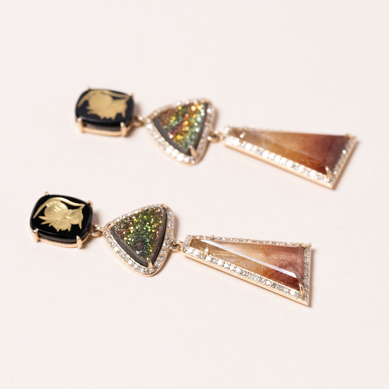 Carved Onyx and Russian Rainbow Pyrite Earrings