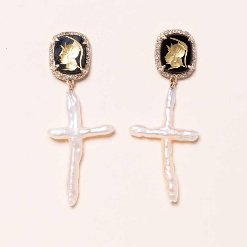 Cross Pearl and Carved Onyx Earrings