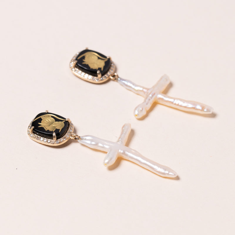 Cross Pearl and Carved Onyx Earrings