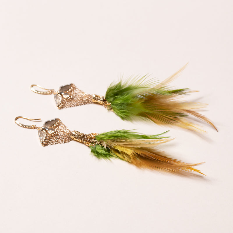 Green and Brown Feather with Rhinestone Bird Earrings