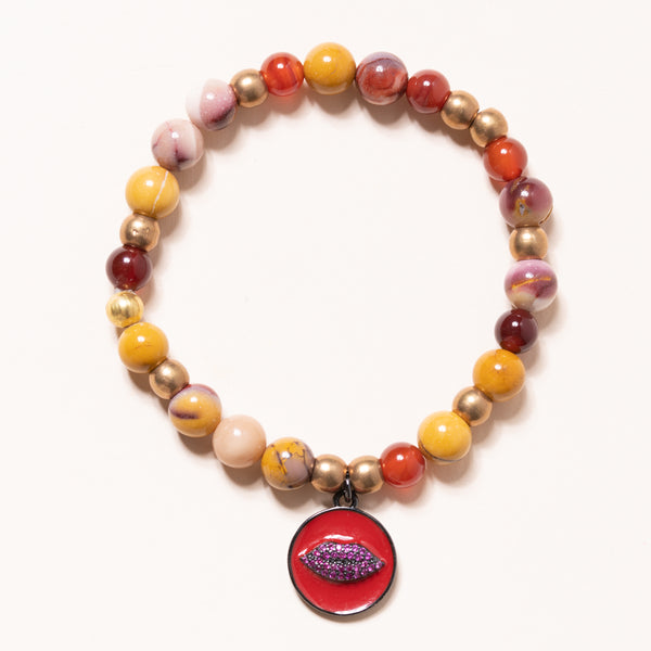 Mookaite and Brass with Enamel and CZ Lips Charm Bloom Bracelet