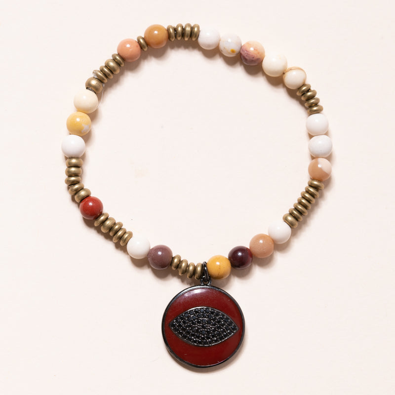 Mookaite and Brass with CZ and Enamel Lips Bloom Bracelet