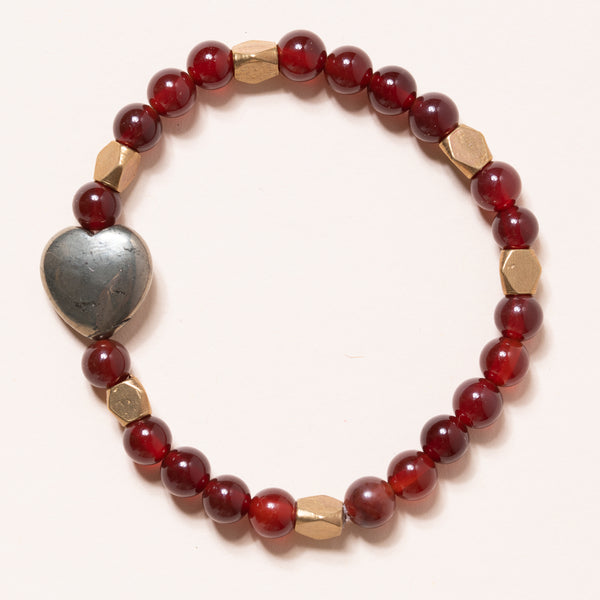 Red Carnelian, Brass, and Pyrite Heart Bloom Bracelet
