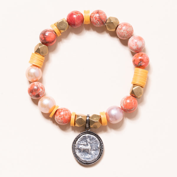 Brecciated Jasper, African Vinyl, and Brass with Silver and Diamond Bee Pendant Bloom Bracelet