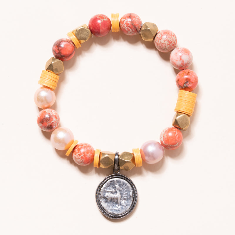 Brecciated Jasper, African Vinyl, and Brass with Silver and Diamond Bee Pendant Bloom Bracelet