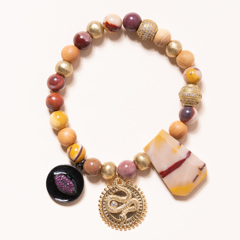 Mookaite, Brass, and Sandalwood, with CZ Diamond Snake + Lips Bloom Bracelet