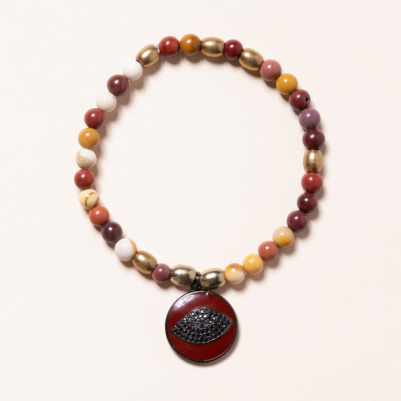 Mookaite and Brass with CZ and Enamel Lips Bloom Bracelet