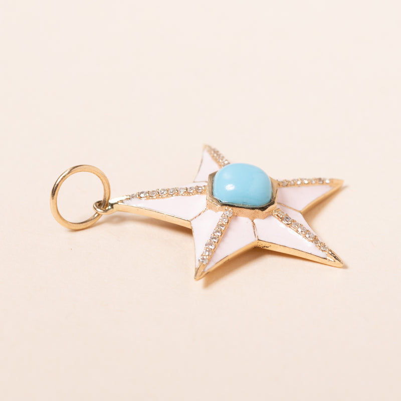 pink enamel and diamond star with turquoise pendant 