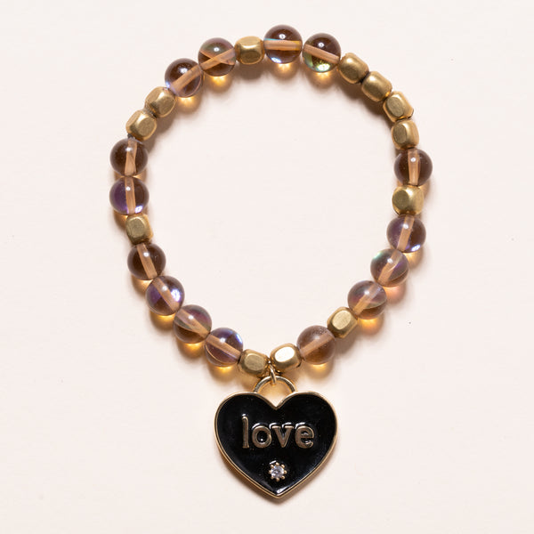 African Brass, Aura Quartz, and Heart Enamel Charm Bloom Bracelet