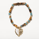 African Brass and Glass with Tiger's Eye Beads and Enamel Heart Bloom Bracelet