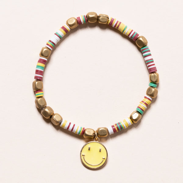 African Brass and Vinyl with Smiley Enamel Charm Bloom Bracelet