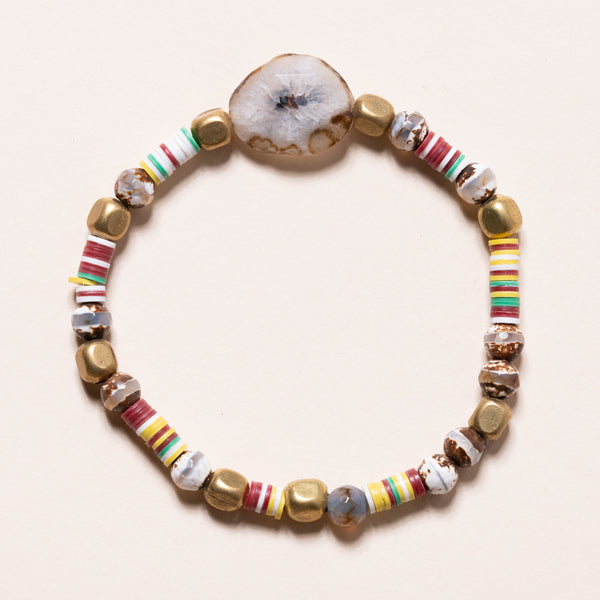 African Brass and Vinyl with Agate Beads and Geode Bloom Bracelet