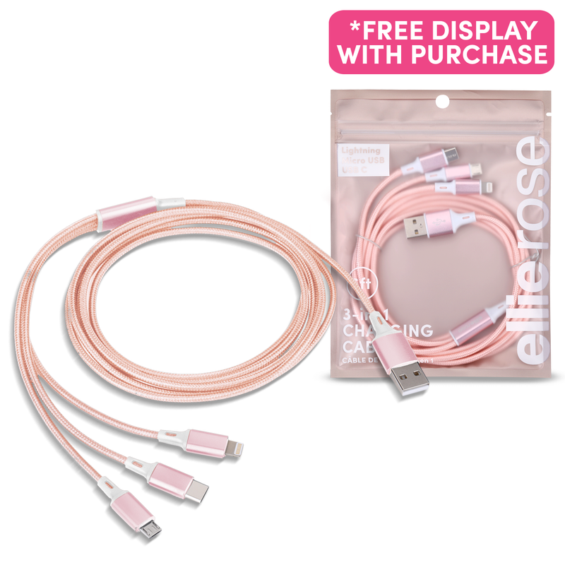 3-in-1 Charging Cable 6 Ft Nylon - Rose Gold