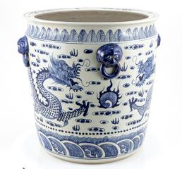 Blue And White Porcelain Dragon Planter With Lion Handle