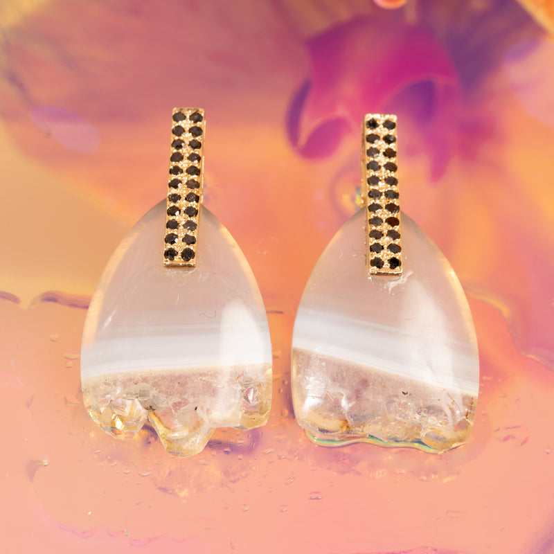 Agate Slice Set in 18k Gold with Black Diamonds Earrings