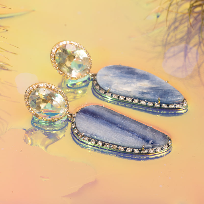 Green Amethyst set in 18k Gold with Diamonds, and Kyanite set in Silver with Diamonds and Sapphires Earrings