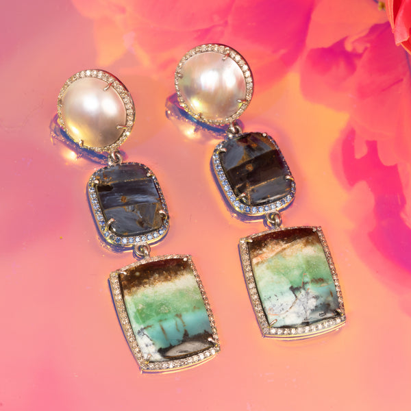 dangle drop pearl, pietersite, sapphire, and opal earrings 