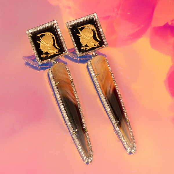 Montana Agate and Carved Onyx set in Silver with Diamonds Earrings