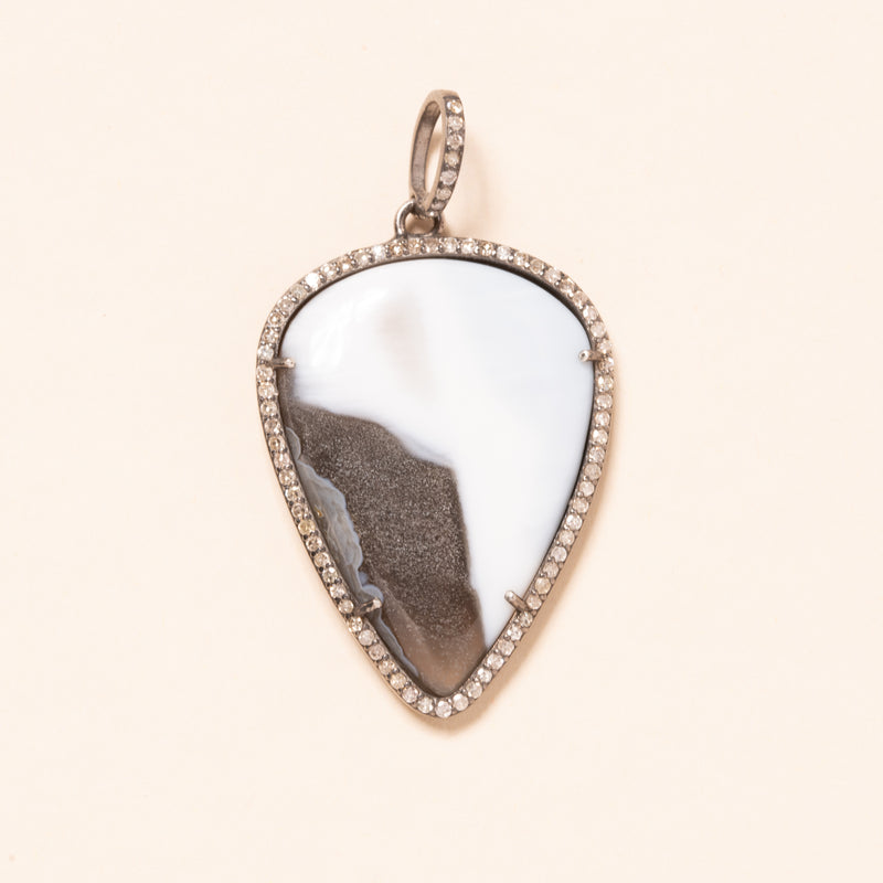 dendritic opal set in silver with diamonds 