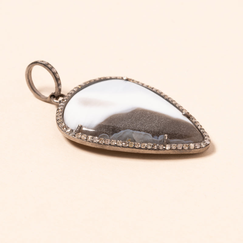dendritic opal set in silver with diamonds 