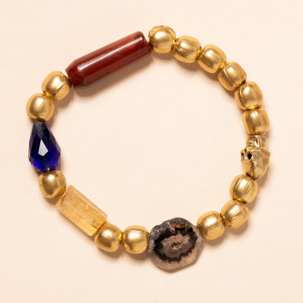 Vintage Czech Glass with Brass Skull Bead, Geode Slice Bead and African Brass Beads Bloom Bracelet