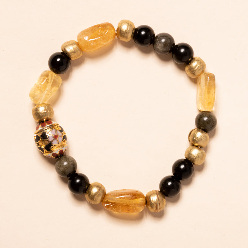 African Brass and Glass, Gold Obsidian, Citrine, Italian Enamel Bloom Bracelet